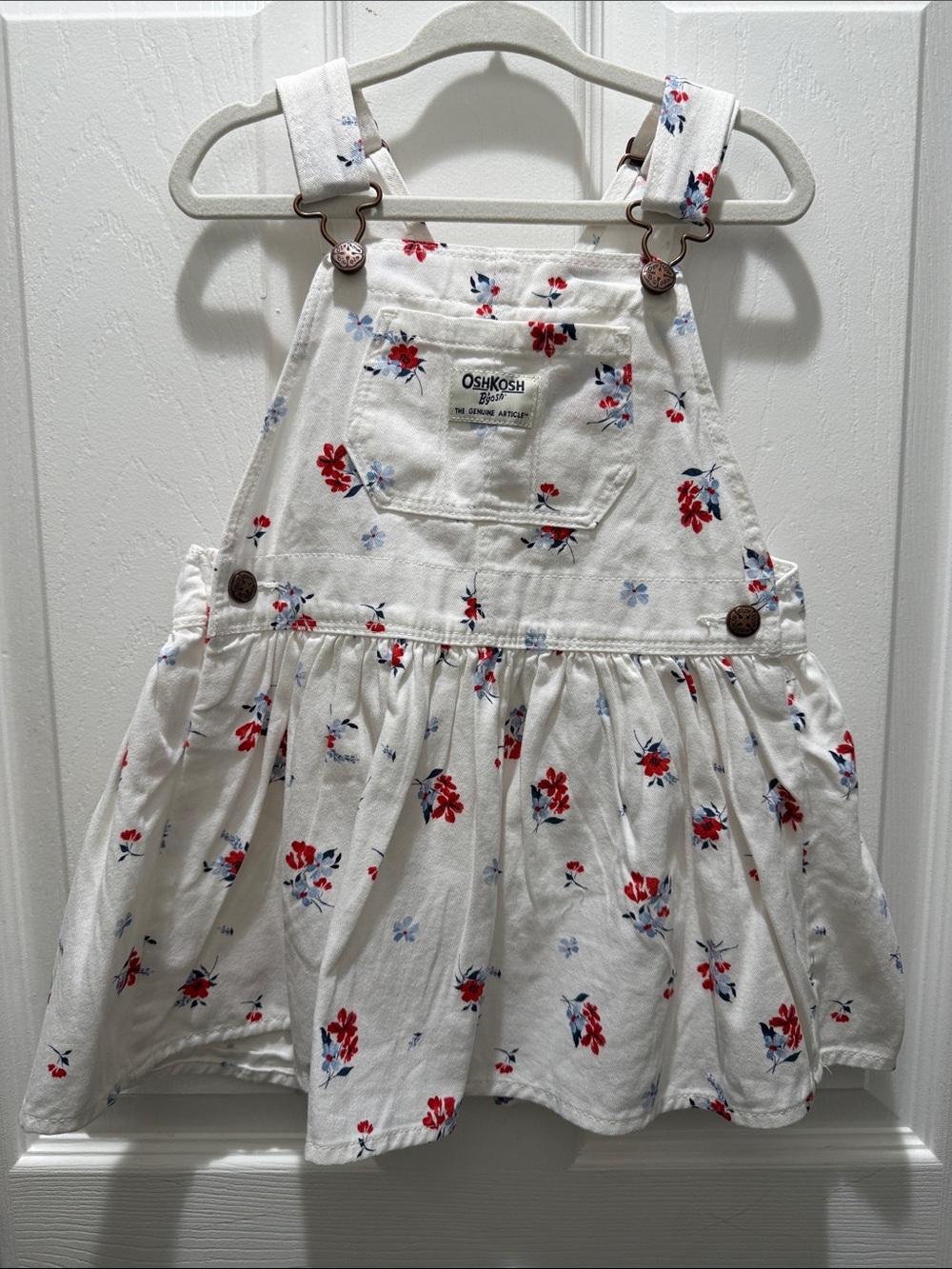 OshKosh B'gosh White Floral Overall Dress with Red & Blue Flowers